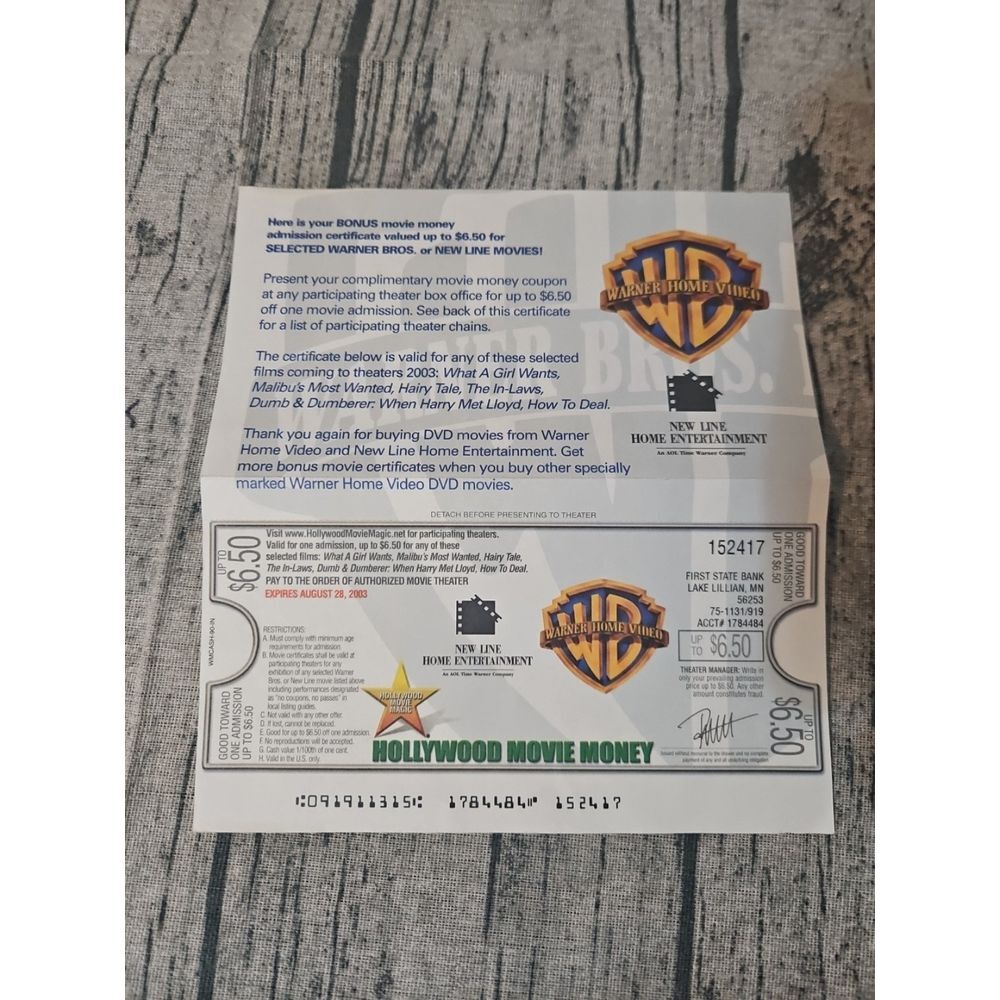 Rare Warner‎ Brothers Hollywood Movie Money Certificate Check Insert COLLECTIBLE